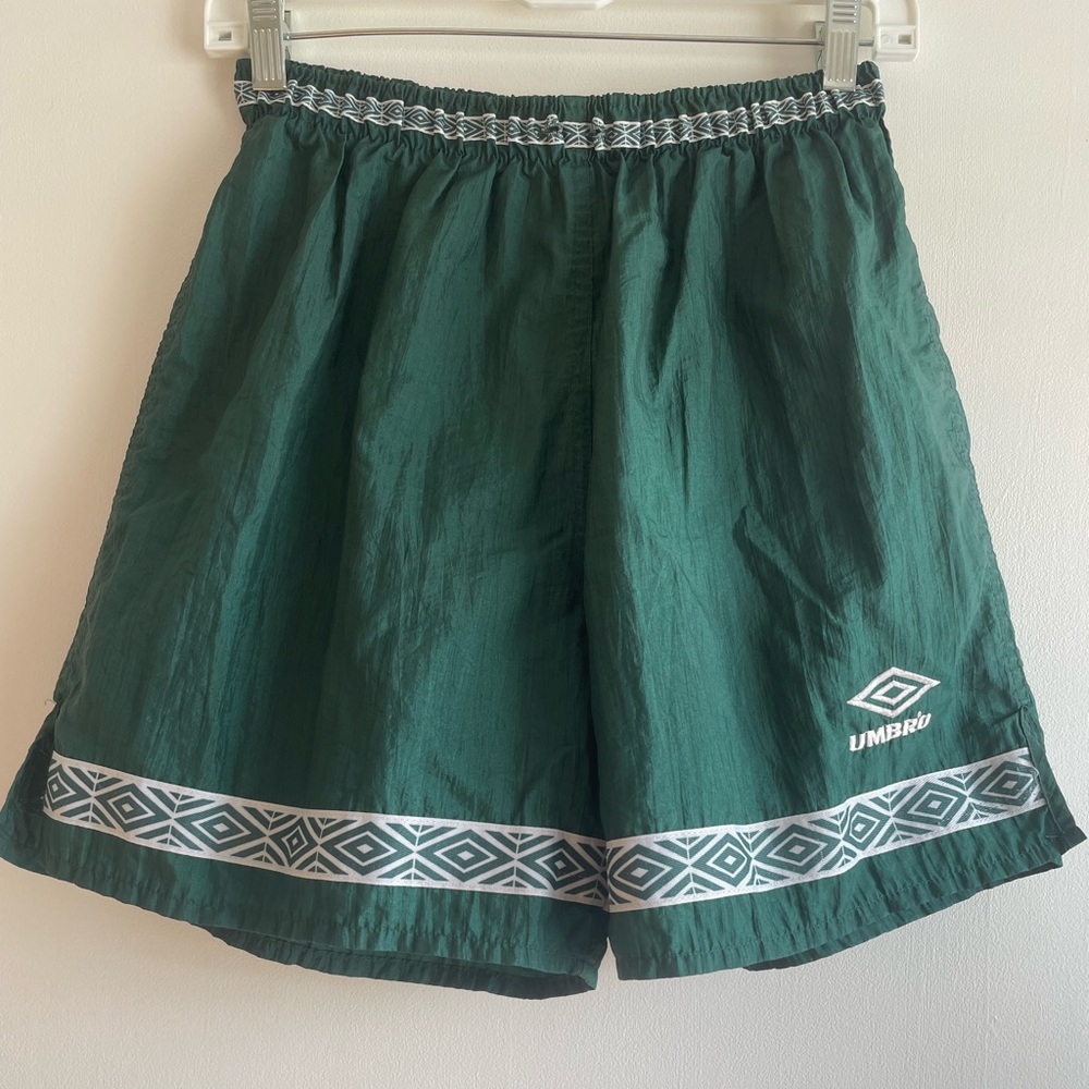Vintage Umbro Dark Green Athletic Shorts with Geometric White Trim